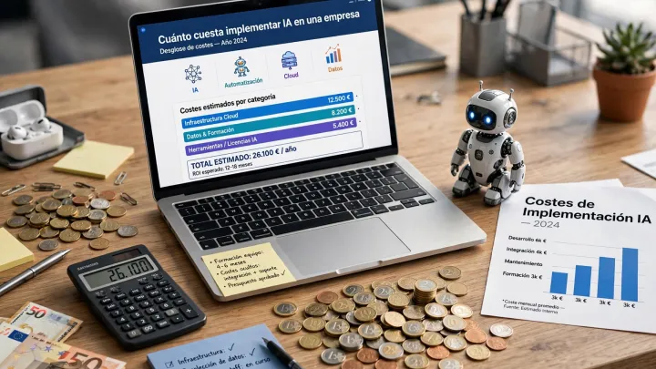 Portada del artículo: Coste de implementar IA en una empresa (rangos reales)